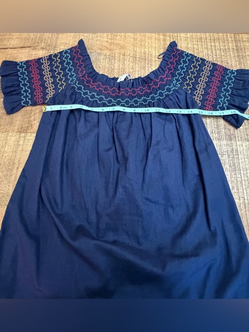 Trina Turk Off-Shoulder Navy Smocked Top with Multicolor Stitching - Picture 6 of 9